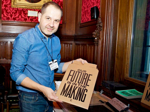 Anthony Burrill with his makeshift screen-printing set up 
photo: Sophie Mutevelian