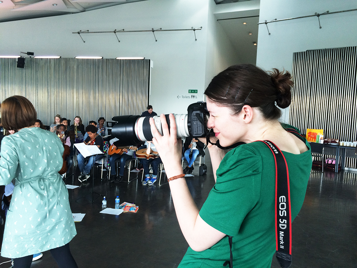 Photographer Olivia Hemingway at our shoot with the Mayor's Music Fund at City Hall.