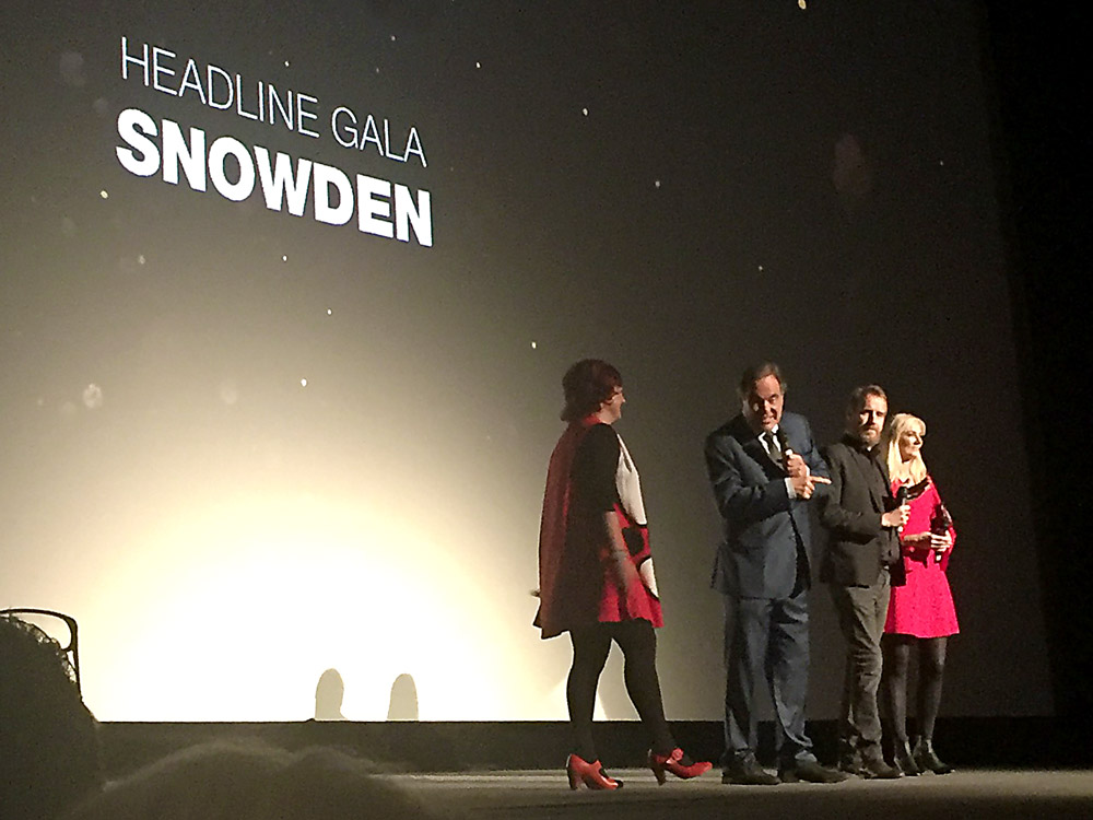 Festival director, Clare Stewart, talking with Oliver Stone, Rhys Ifans and Joely Richardson