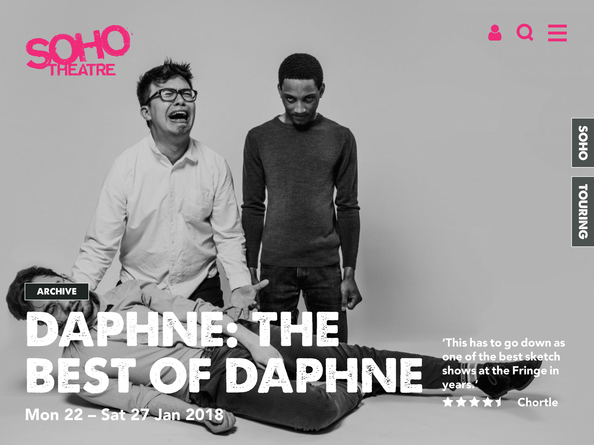 Website page of Soho Theatre, showing the event details for Daphne: The Best of Daphne, with the black and white image of three men in the backgound