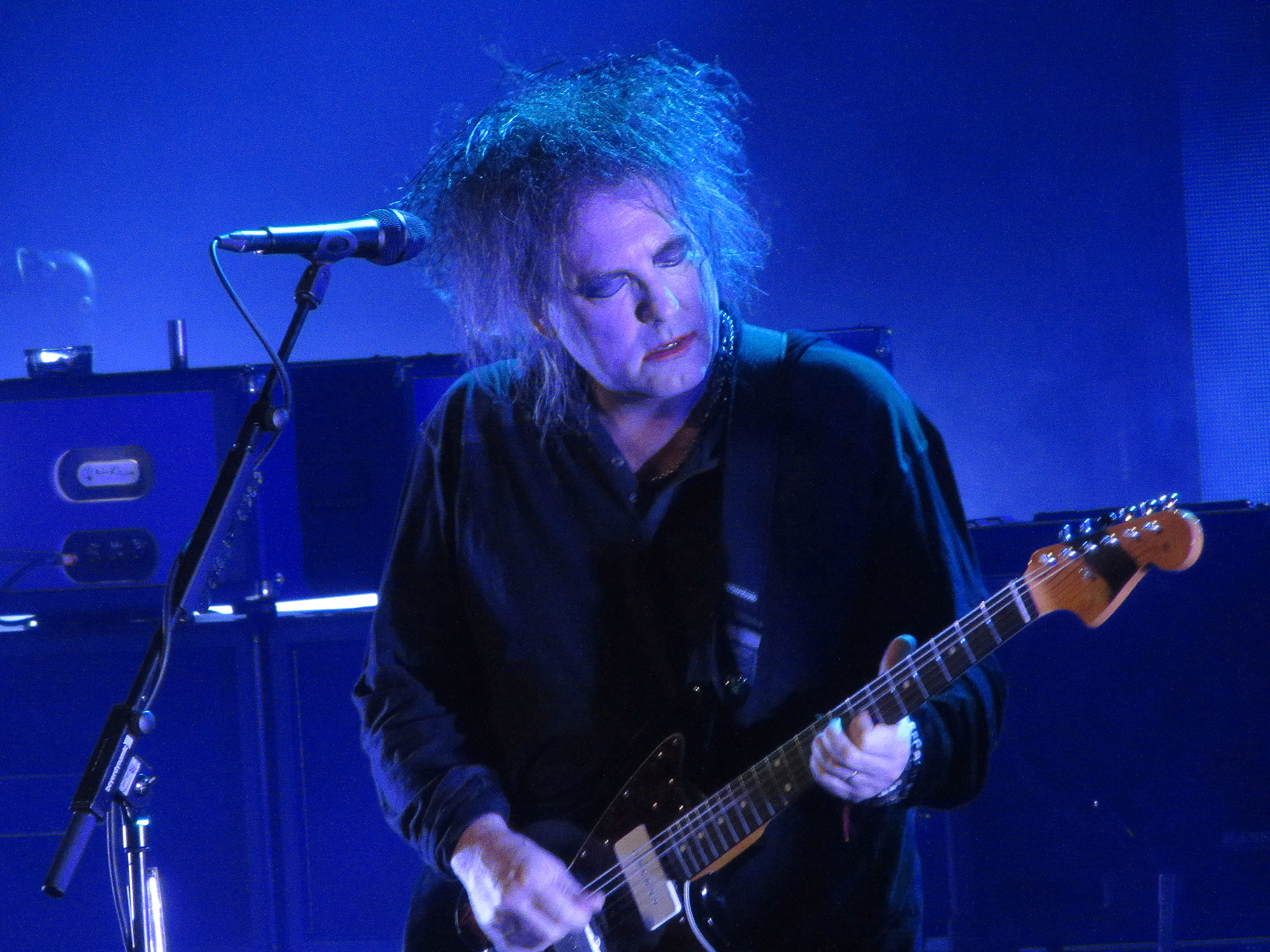 On a blue-lit stage, behind a microphone, a man with unkempt dark hair plays guitar. He is wearing make-up. 