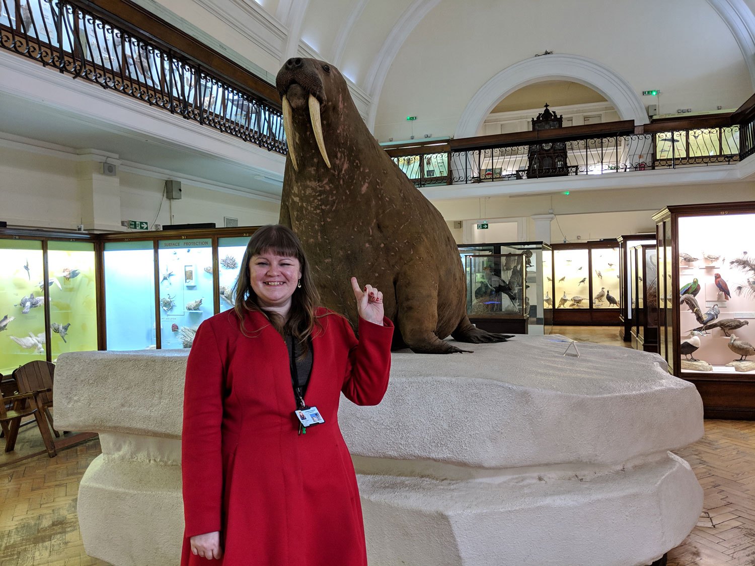 Digital Manager, Connie Churcher in front of the infamous stuffed walrus.