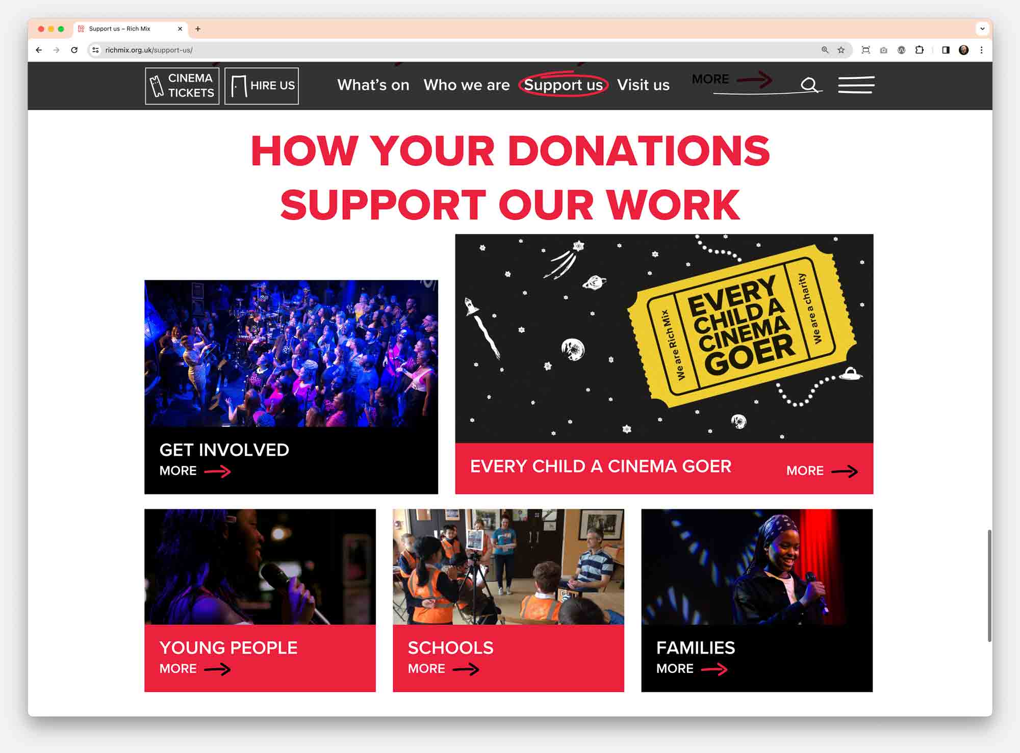 Rich Mix werbsite donation page, featuriung a grid of giving options.