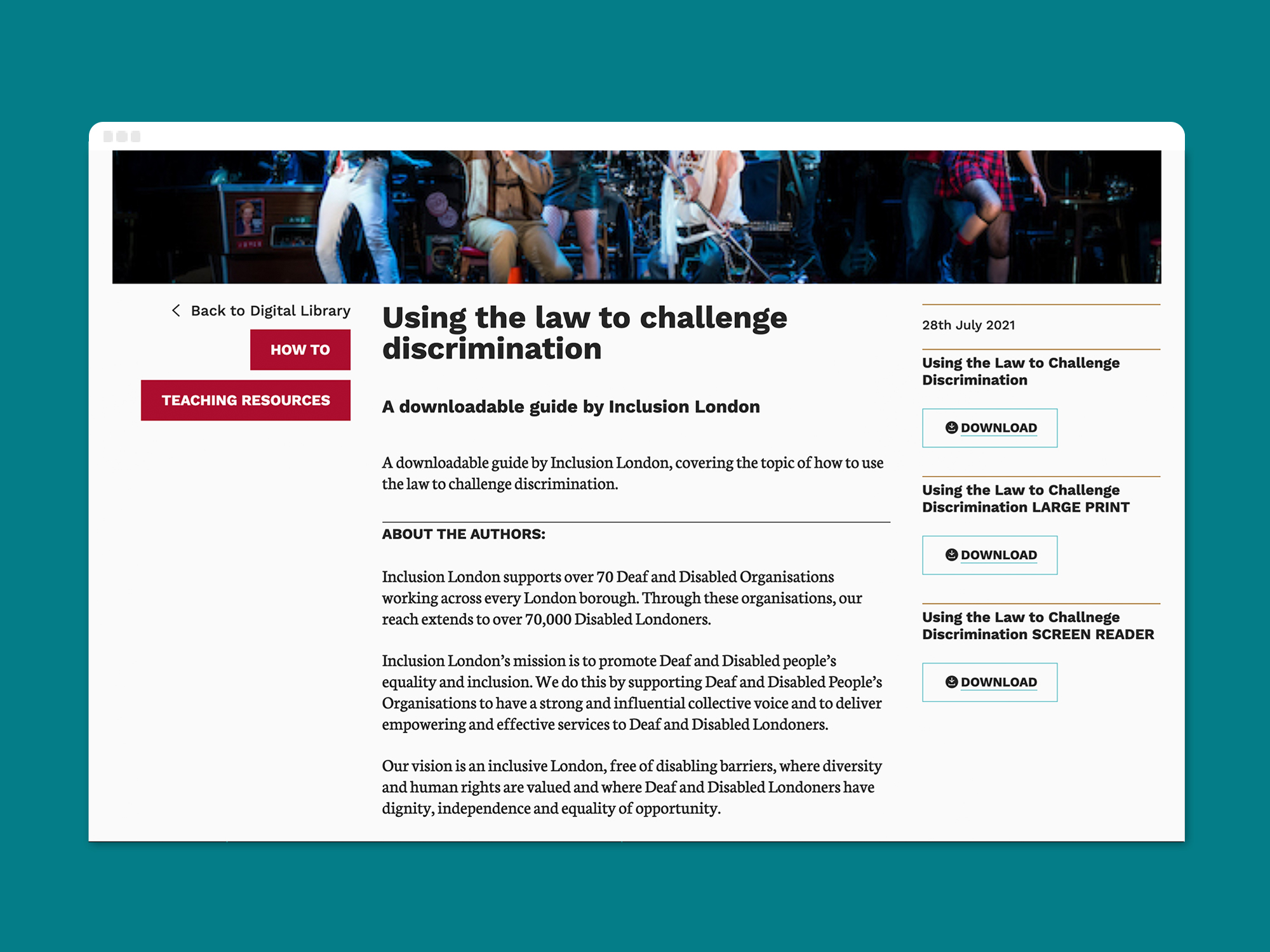 A desktop screen shot of Graeae's 'challenging discrimination' resource page on a desktop