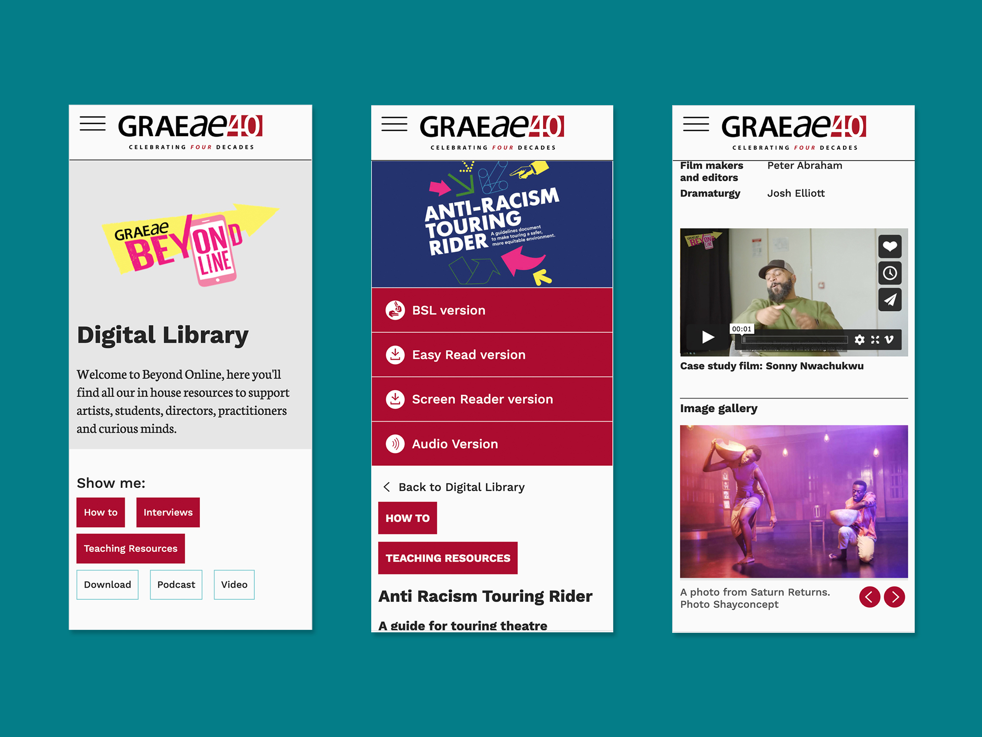 Three screenshots which display the Graeae Digital Library on a mobile display.