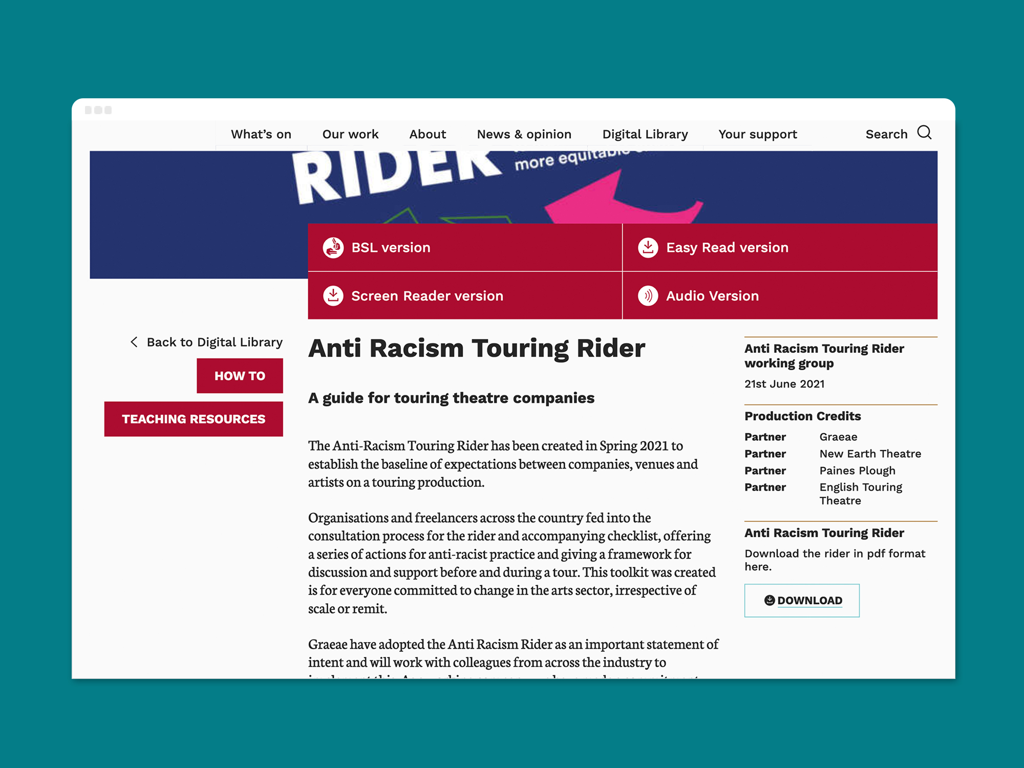 A screen shot of Graeae's 'Anti Racism Touring Rider' resource page on a desktop