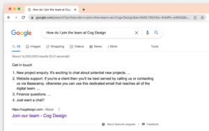 A Google search results page show a panel headed: Get in touch, above four numbered sections for the About page on the Cog Design website