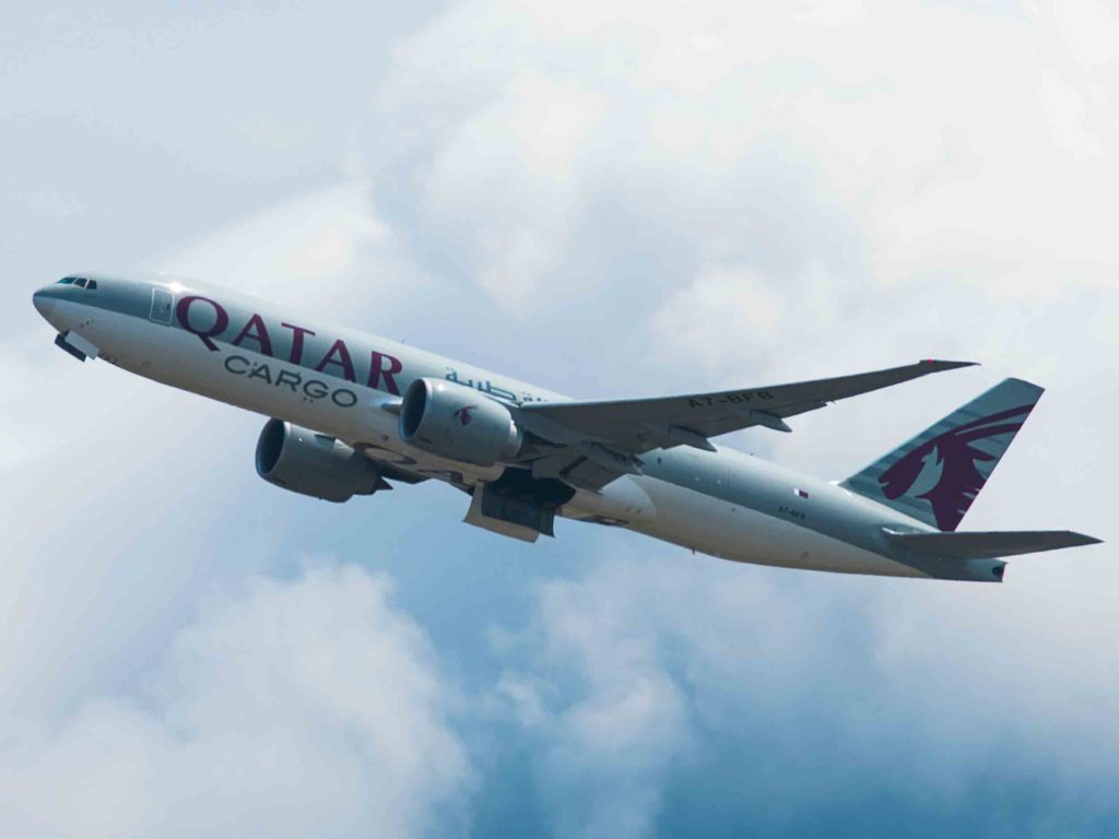 A Qatar cargo plane, in flight