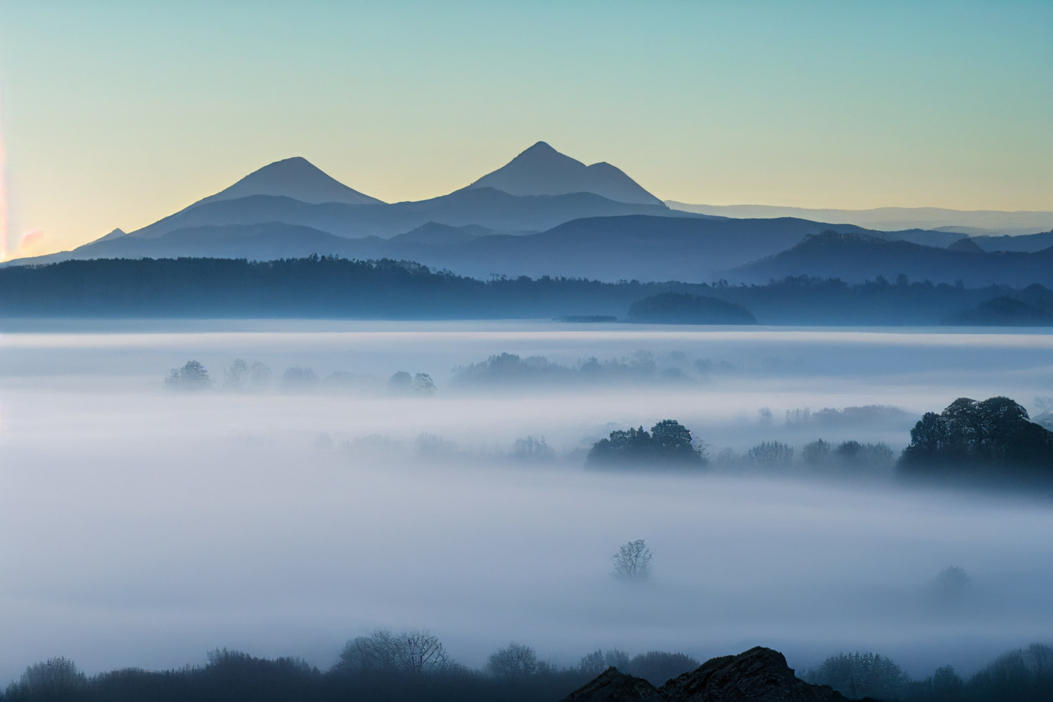 A landscape photograph of english mountains with mist as imagined by Midjourney