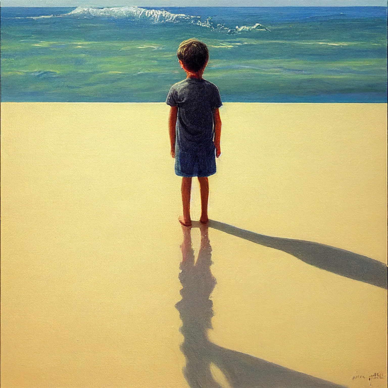 a painting of a child standing on an empty beach as imagined by Midjourney 