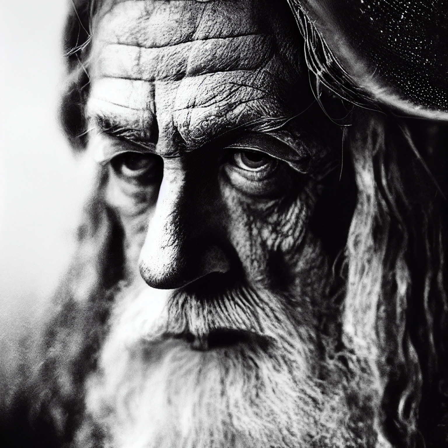 A monochrome portrait of Gandalf as imagined by Midjourney