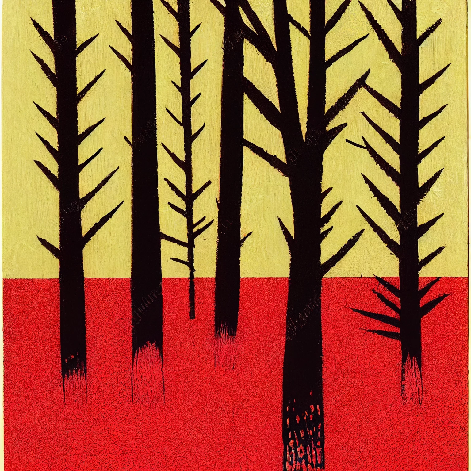 a vivid colour minimalist woodblock print of a forest as imagined by Midjourney