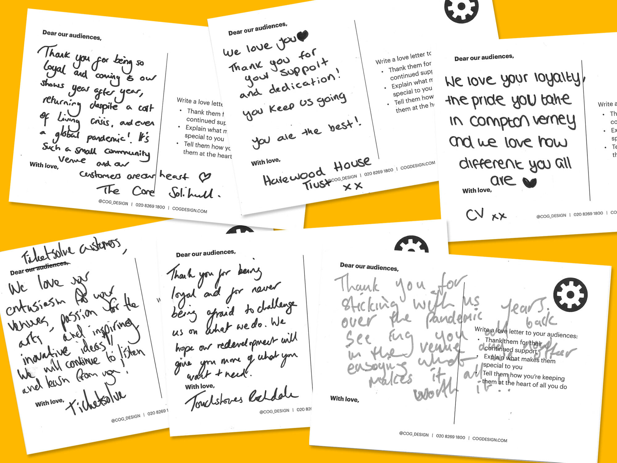 A collage of written postcards are displayed overlapping each other on yellow background. Each postcard has a handwritten message on it.