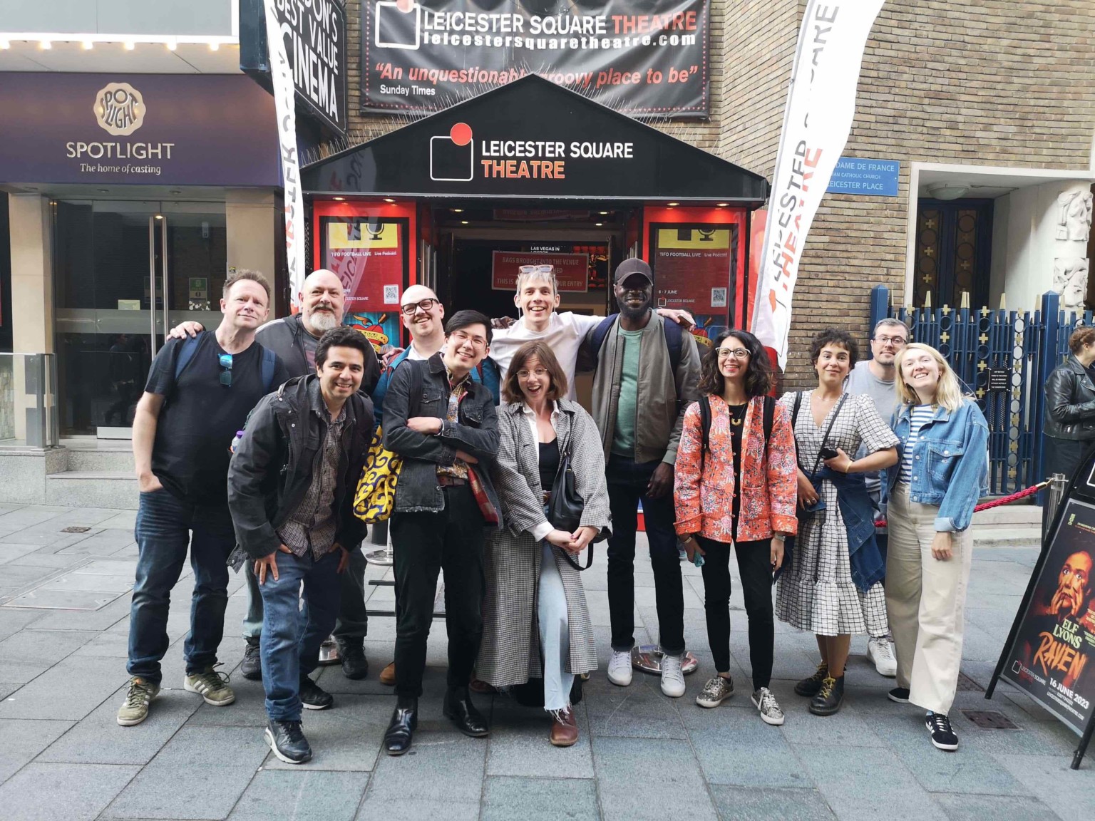 The team pose outside Leicester Square Theatre