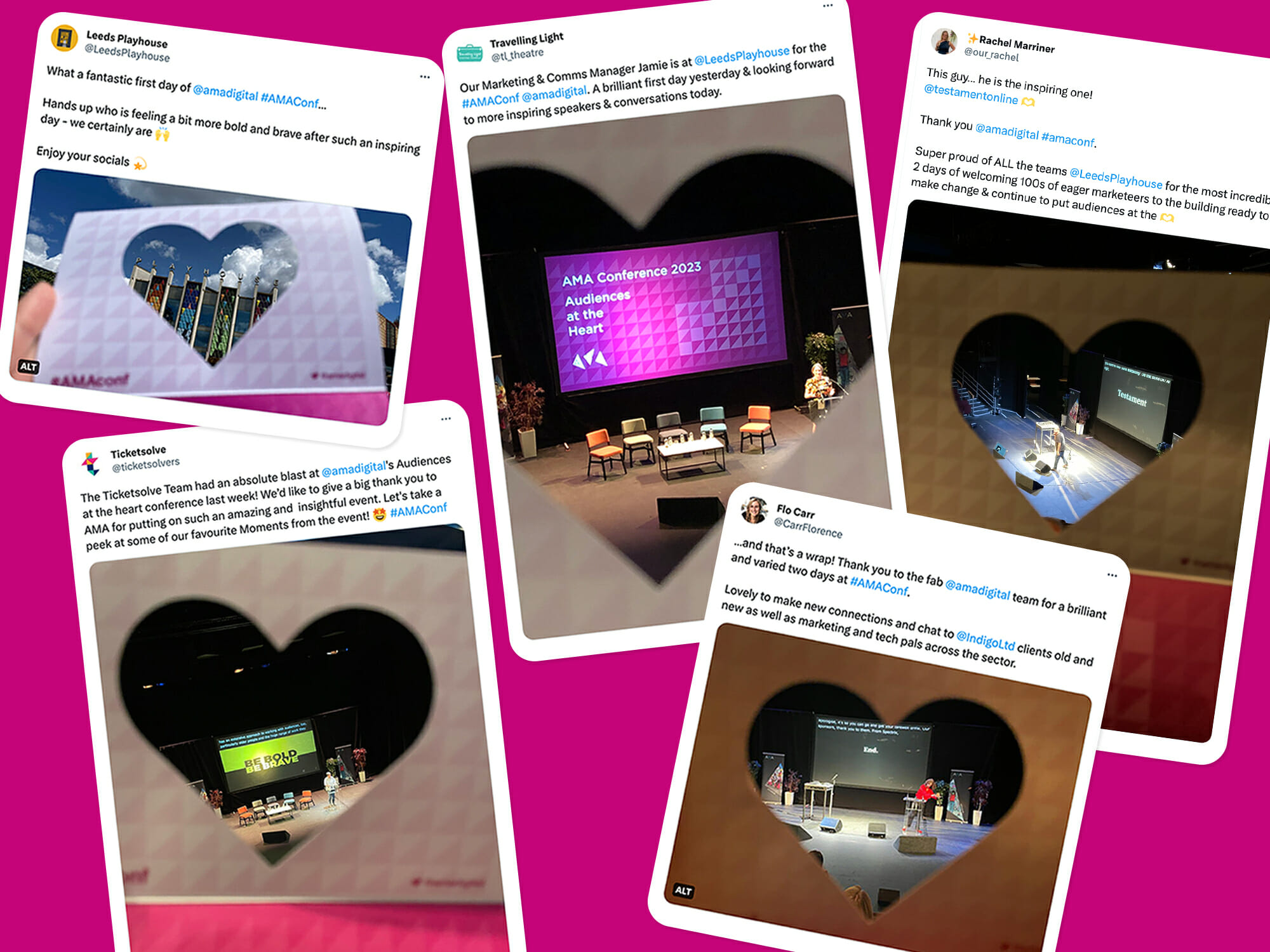 A collage of screenshots from Twitter are displayed overlapping each other on a pink background. They depict various social media posts with images taken at the AMA conference, each framed within a love heart. 
