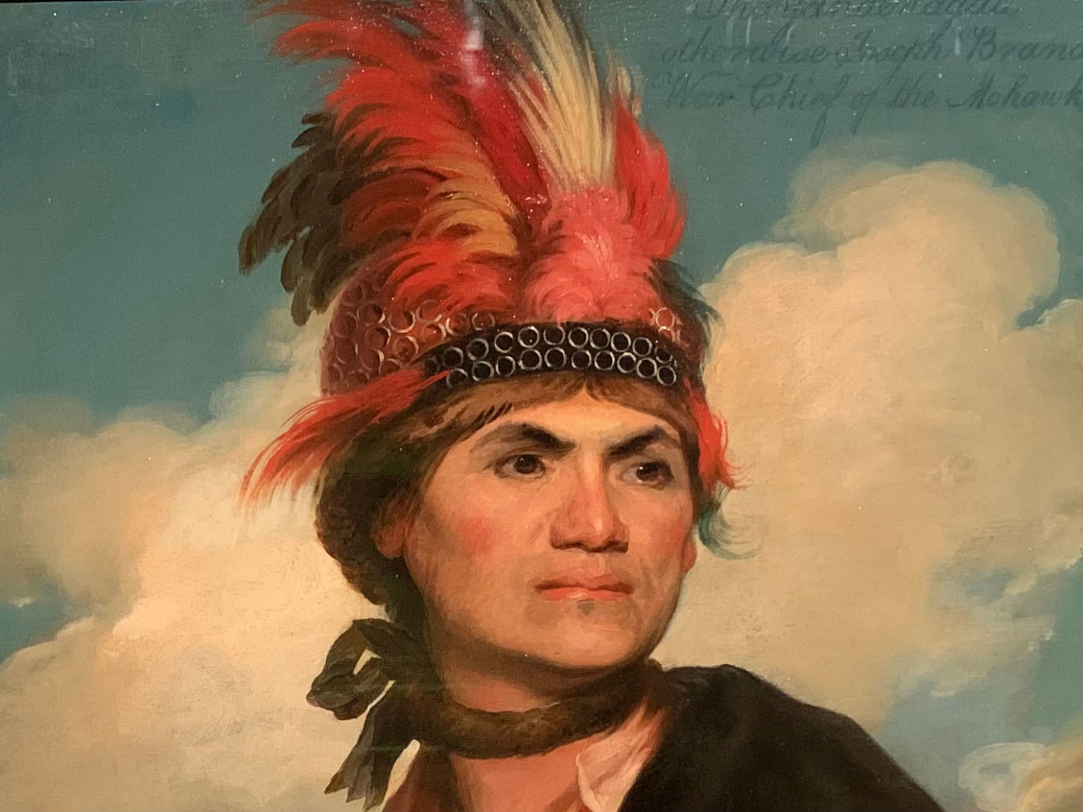 Close up from oil on canvas portrait of Thayendanegea (Joseph Brant). 