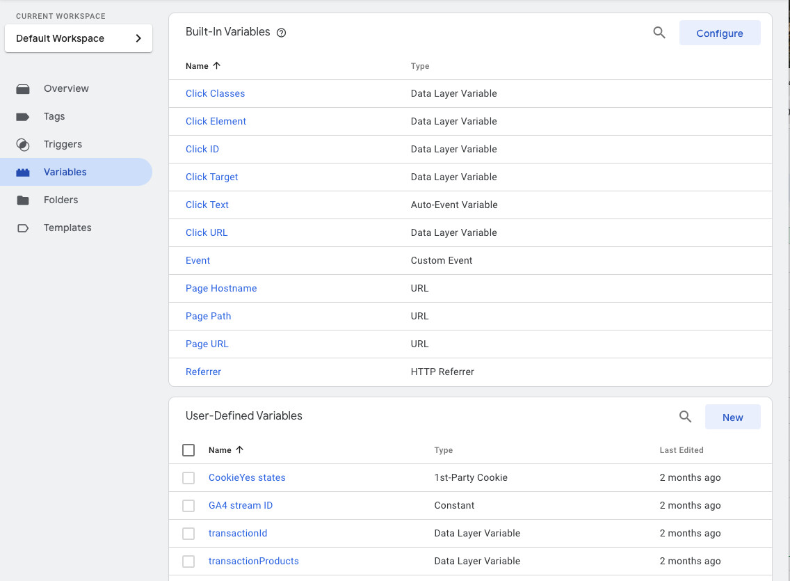 A list of the variables including the "built-in" variables and some custom variables to track sales information