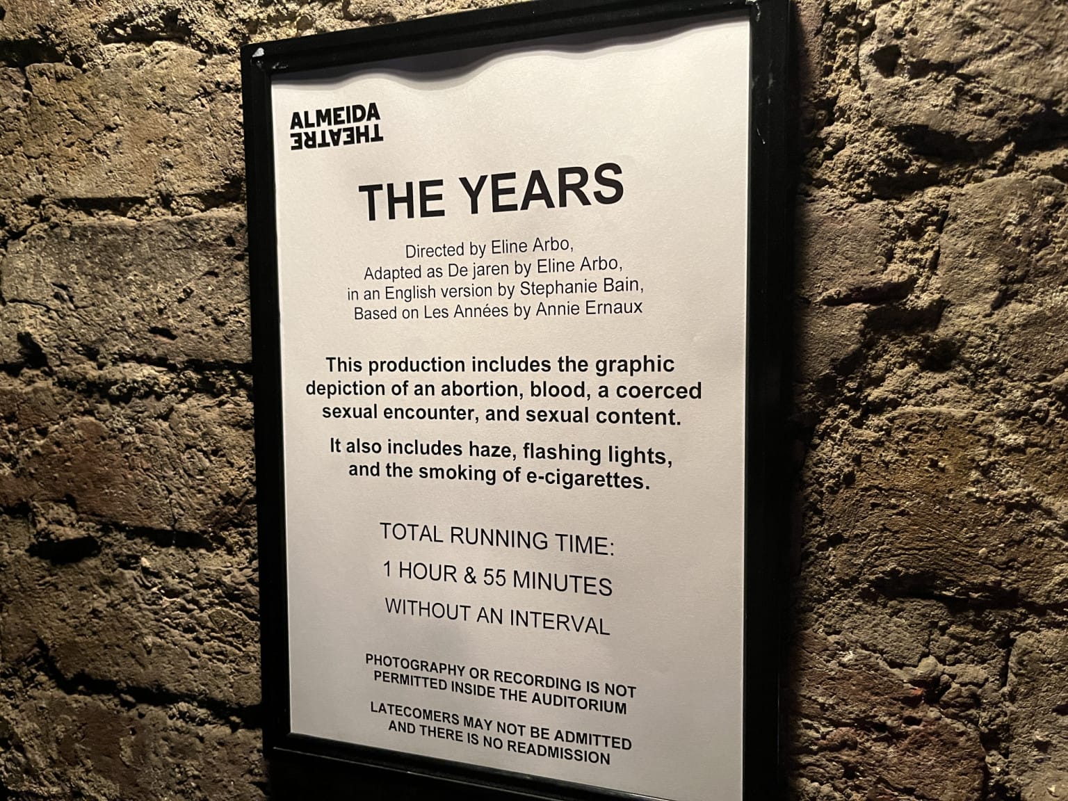 The show's information poster warned of the graphic scenes to come.