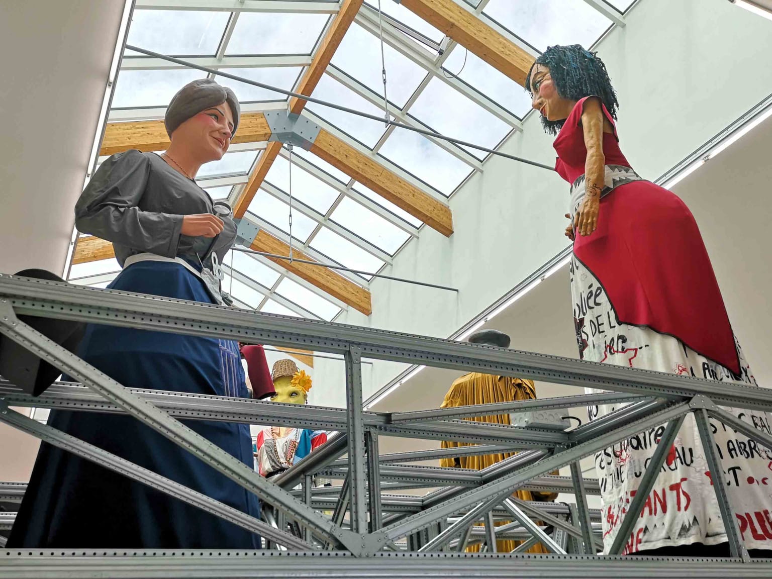 Looking up at the mezzanine, Inside the Belgian Pavilion.