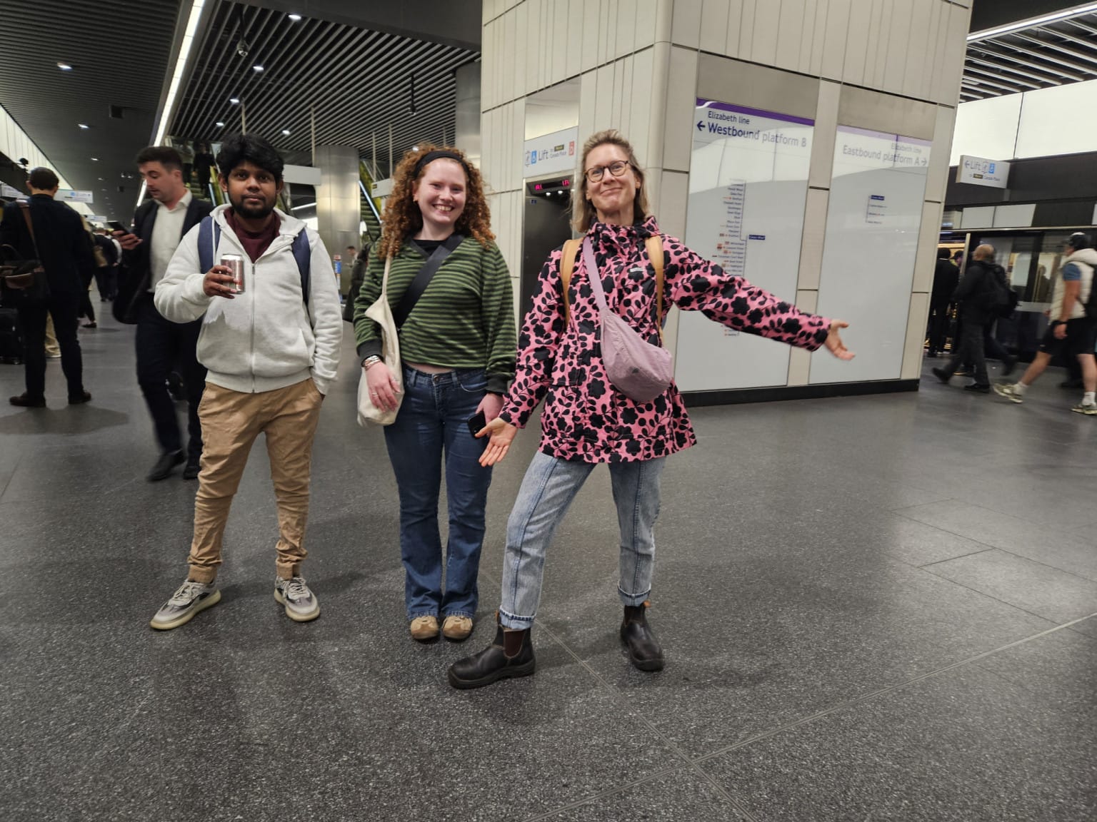 Aoife, Kasia and Ibadullah en route to Soho Theatre courtesy of the Elizabeth Line 